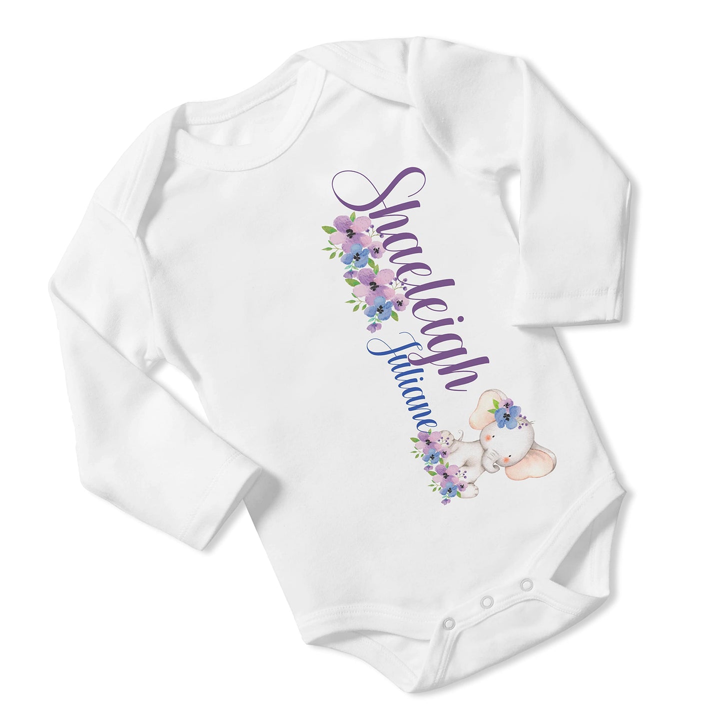 New Baby Girl's Printed Purple Floral Elephant vs 1 Personalized Infant Bodysuit Coming Home Outfit