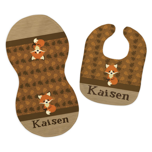 Baby Boy's Personalized Printed Custom Name Brown Woodland Forest Fox Bib and Burp Cloth Set