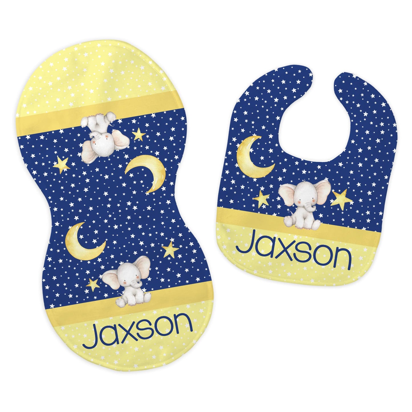 Baby Boy's Personalized Printed Custom Name Blue and Yellow Moon and Star Elephant Bib and Burp Cloth Set