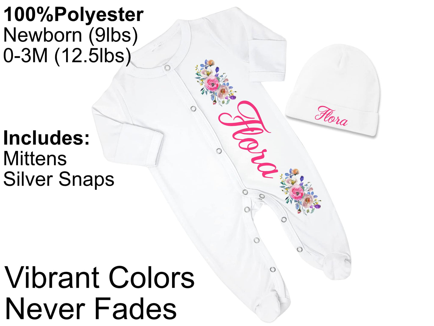 New Baby Girl's Printed Pink and Purple Floral Flower Personalized Infant Footed Sleeper Coming Home Outfit