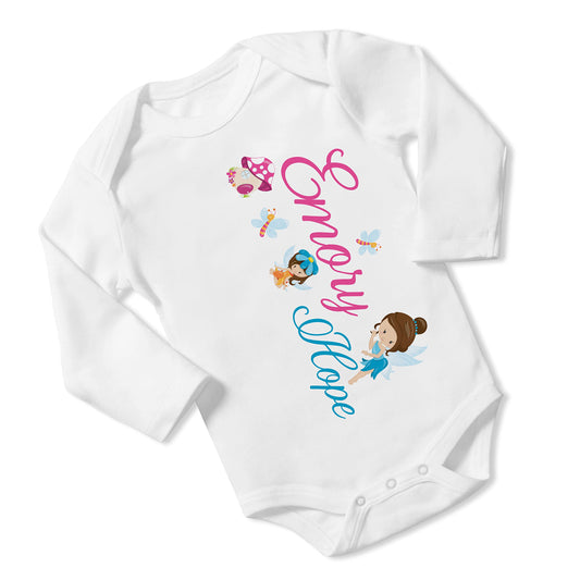 New Baby Girl's Printed Woodland Fairy Pink and Turquoise vs 1 Personalized Infant Bodysuit Coming Home Outfit