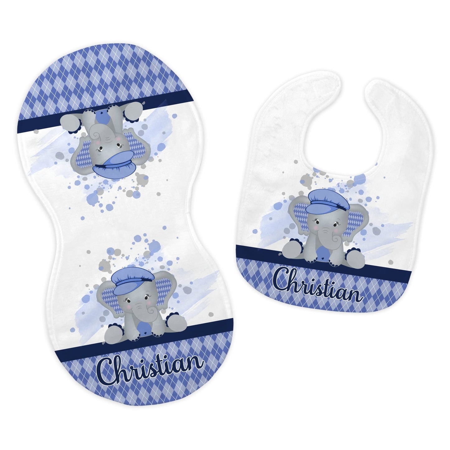 Baby Boy's Personalized Printed Custom Name Blue and Navy Argyle Elephant Bib and Burp Cloth Set