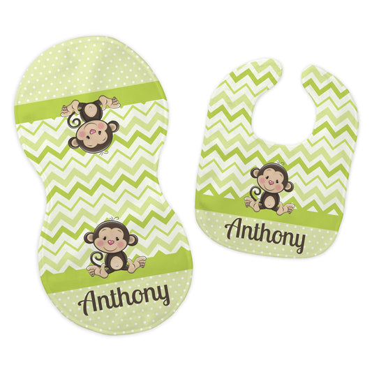 Baby Boy's Personalized Printed Custom Name Green Jungle Monkey Bib and Burp Cloth Set