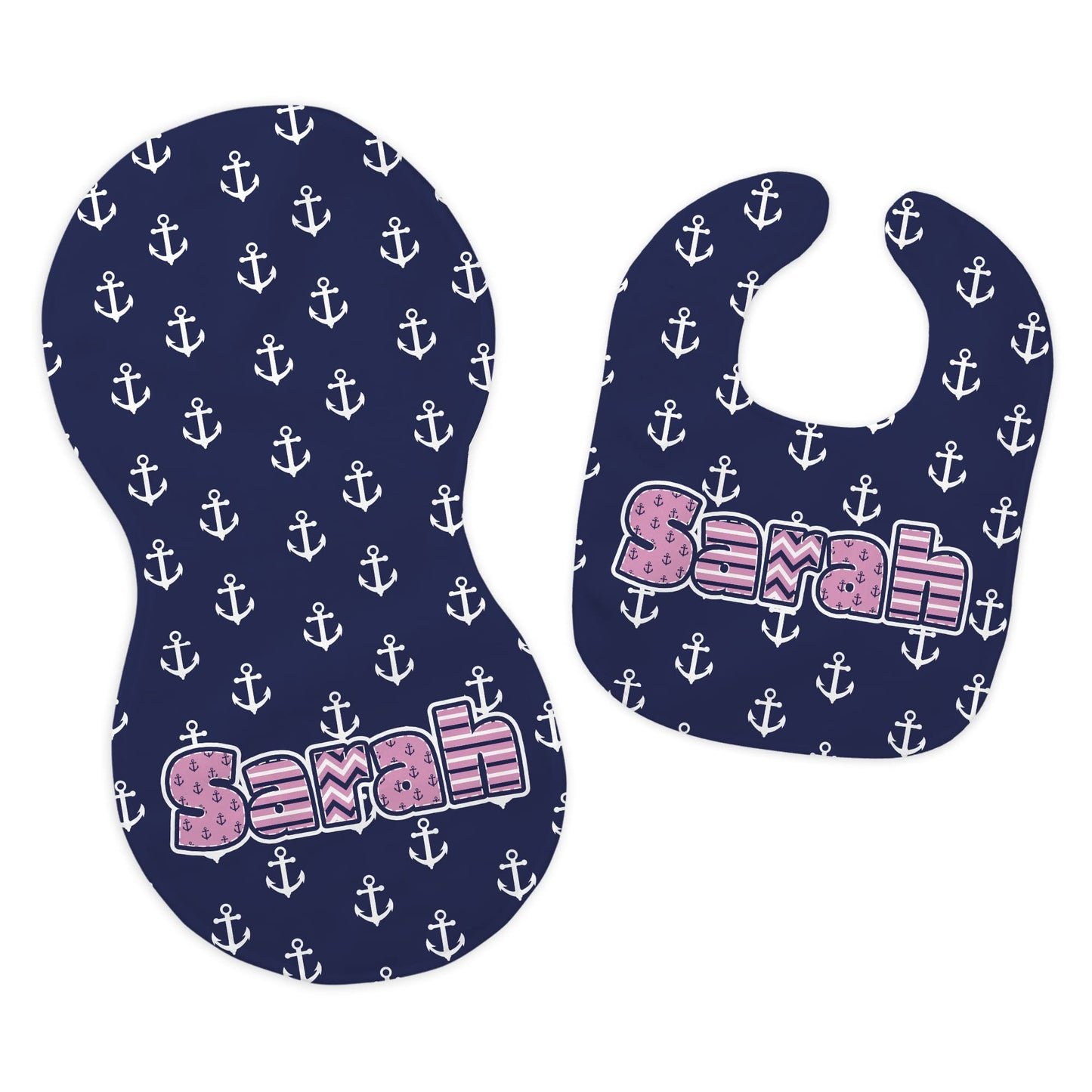 New Baby Girl's Personalized Printed Custom Name Pink and Navy Anchor Nautical Feeding Cloth Accessory Set