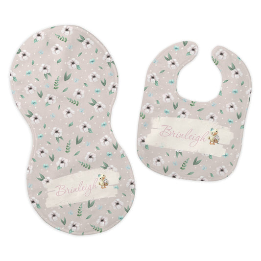 Baby Girl's Personalized Printed Custom Name Floral Duckling Easter Bib and Burp Cloth Set