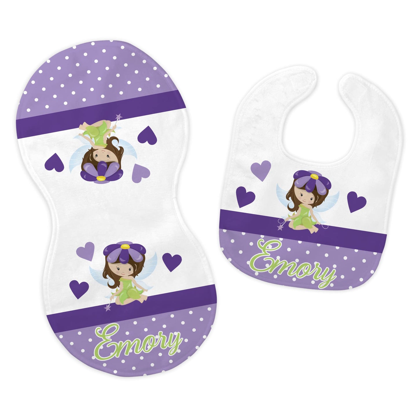 Baby Girl's Personalized Printed Custom Name Purple and Lime Woodland Fairy Bib and Burp Cloth Set