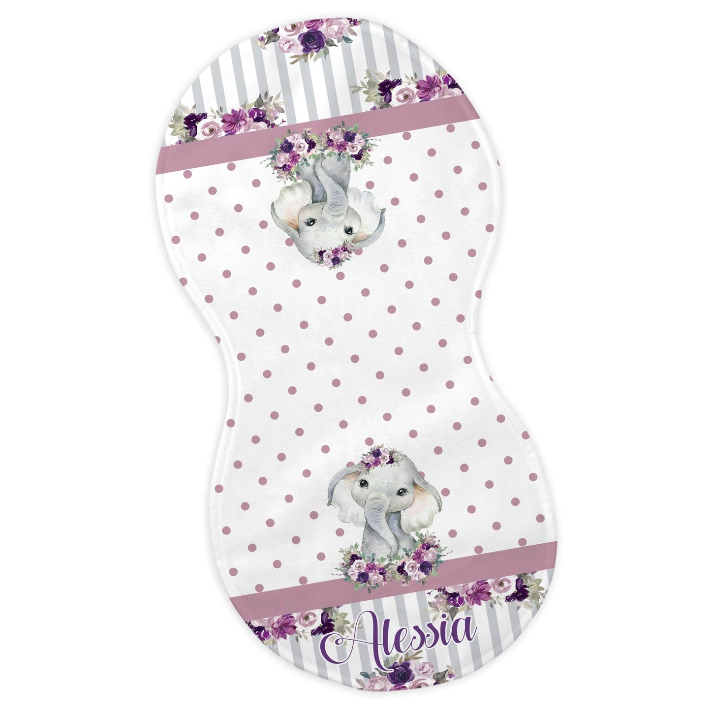 Baby Girl's Personalized Printed Custom Name Purple Elegant Elephant Bib and Burp Cloth Set