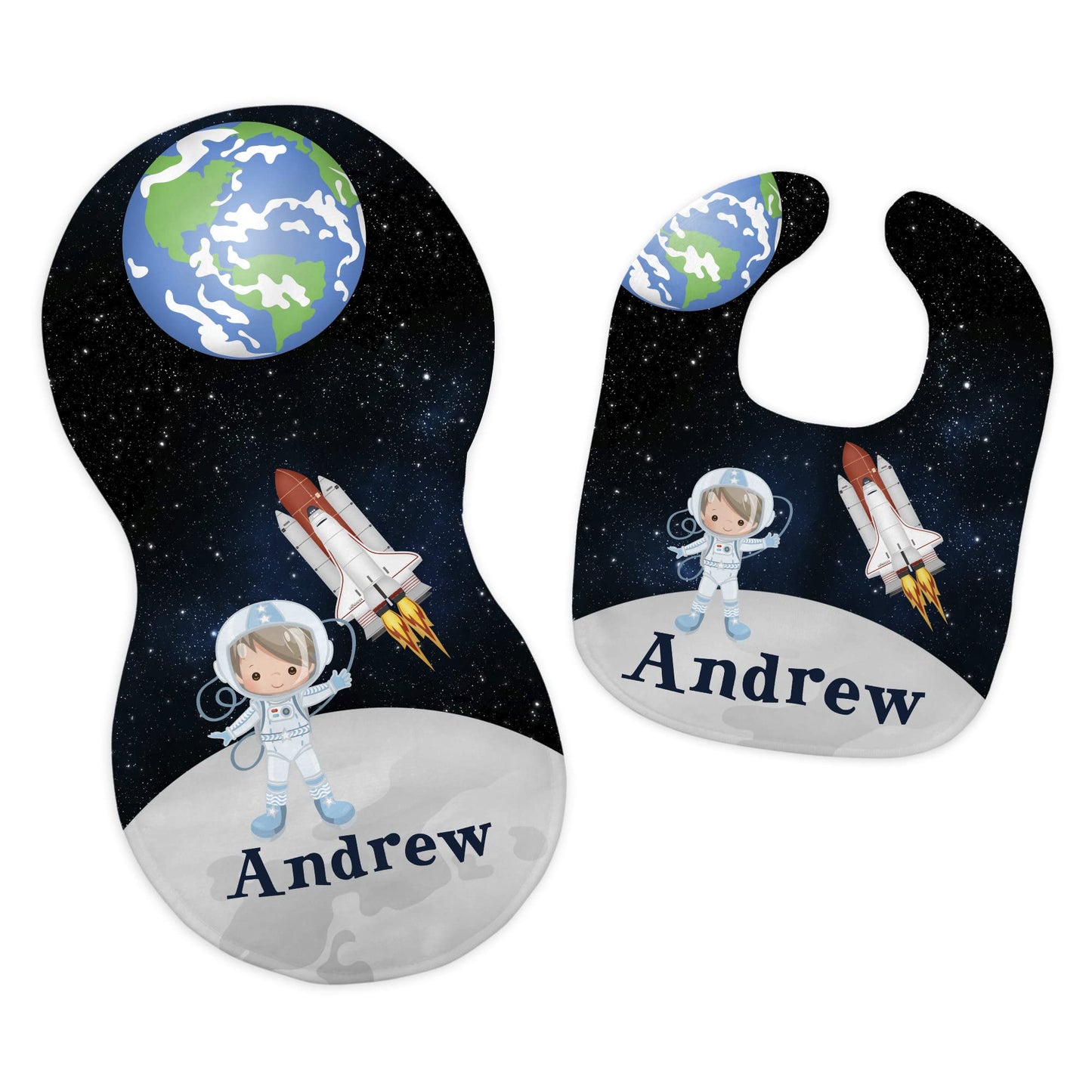 Baby Boy's Personalized Printed Custom Name Outer space ship Astronaut Bib and Burp Cloth Set