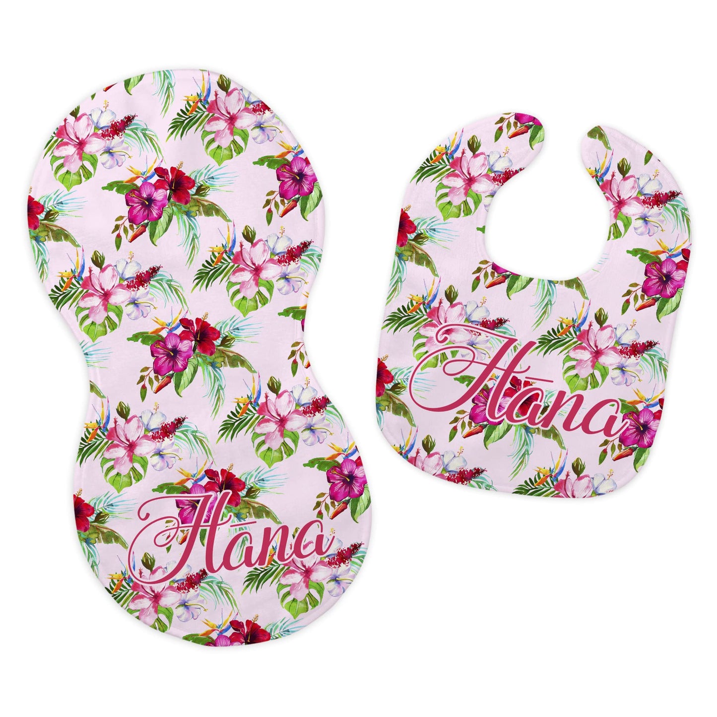 Baby Girl's Personalized Printed Custom Name Pink Hibiscus Floral Bib and Burp Cloth Set