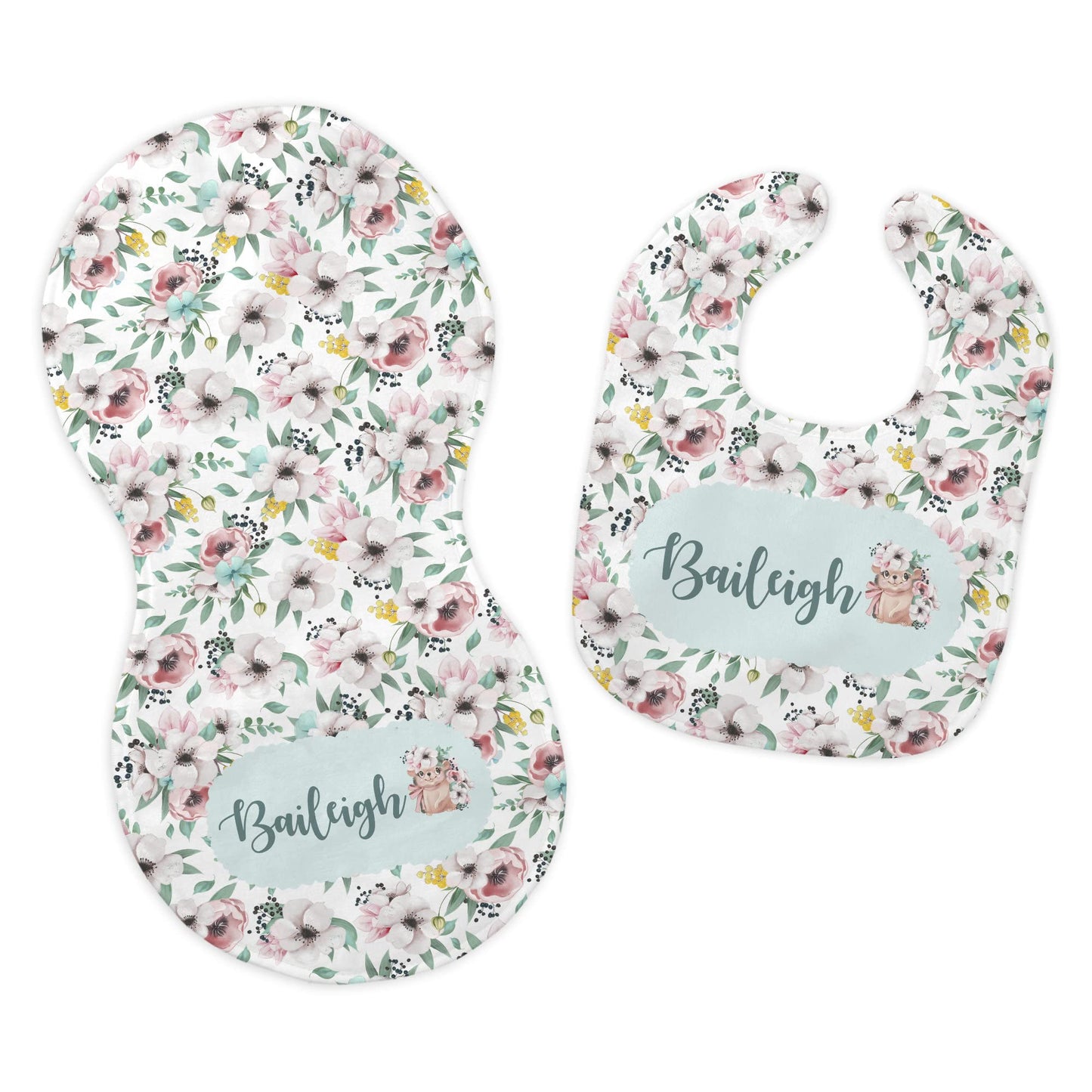 Baby Girl's Personalized Printed Custom Name Hedgehog Easter Spring Bib and Burp Cloth Set