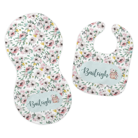 Baby Girl's Personalized Printed Custom Name Hedgehog Easter Spring Bib and Burp Cloth Set