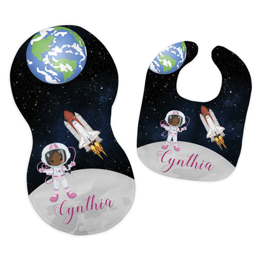 Baby Girl's Personalized Printed Custom Name Outer Space Ship Astronaut Bib and Burp Cloth Set