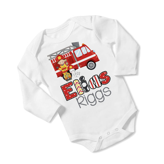 New Baby Boy's Printed Firefighter Fire Men Dalmatian vs2 Personalized Infant Bodysuit Coming Home Outfit