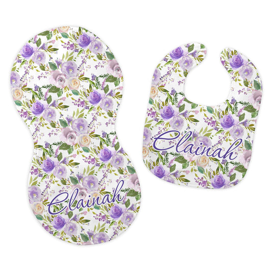 Baby Girl's Personalized Printed Custom Name Purple Floral Bib and Burp Cloth Set