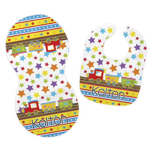 New Baby Boy's Personalized Printed Custom Name Colorful Circus Train Bib and Burp Cloth Set