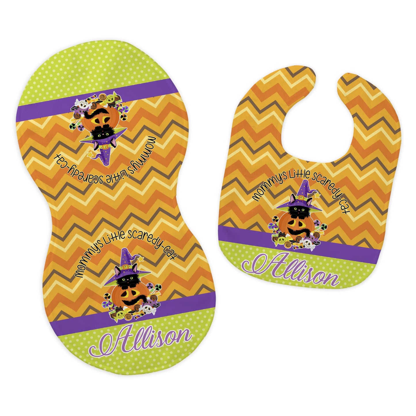 Baby Girl's Personalized Printed Custom Name Orange Mommy's Little Scaredy-Cat Halloween Bib and Burp Cloth Set