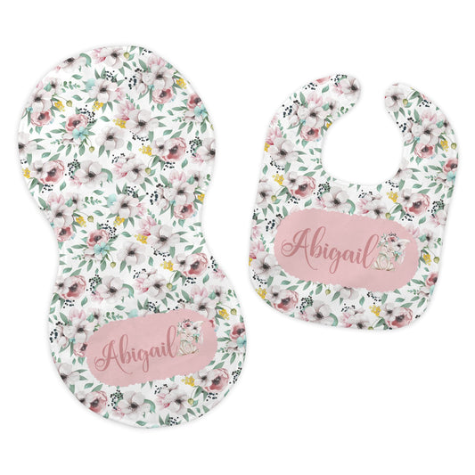 Baby Girl's Personalized Printed Custom Name Easter Bunny Spring Bib and Burp Cloth Set