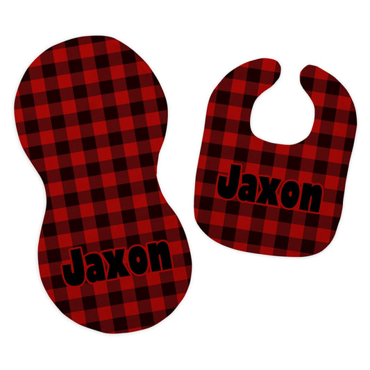 Baby Boy's Personalized Printed Custom Name Red Buffalo Plaid Lumber Jack Bib and Burp Cloth Set