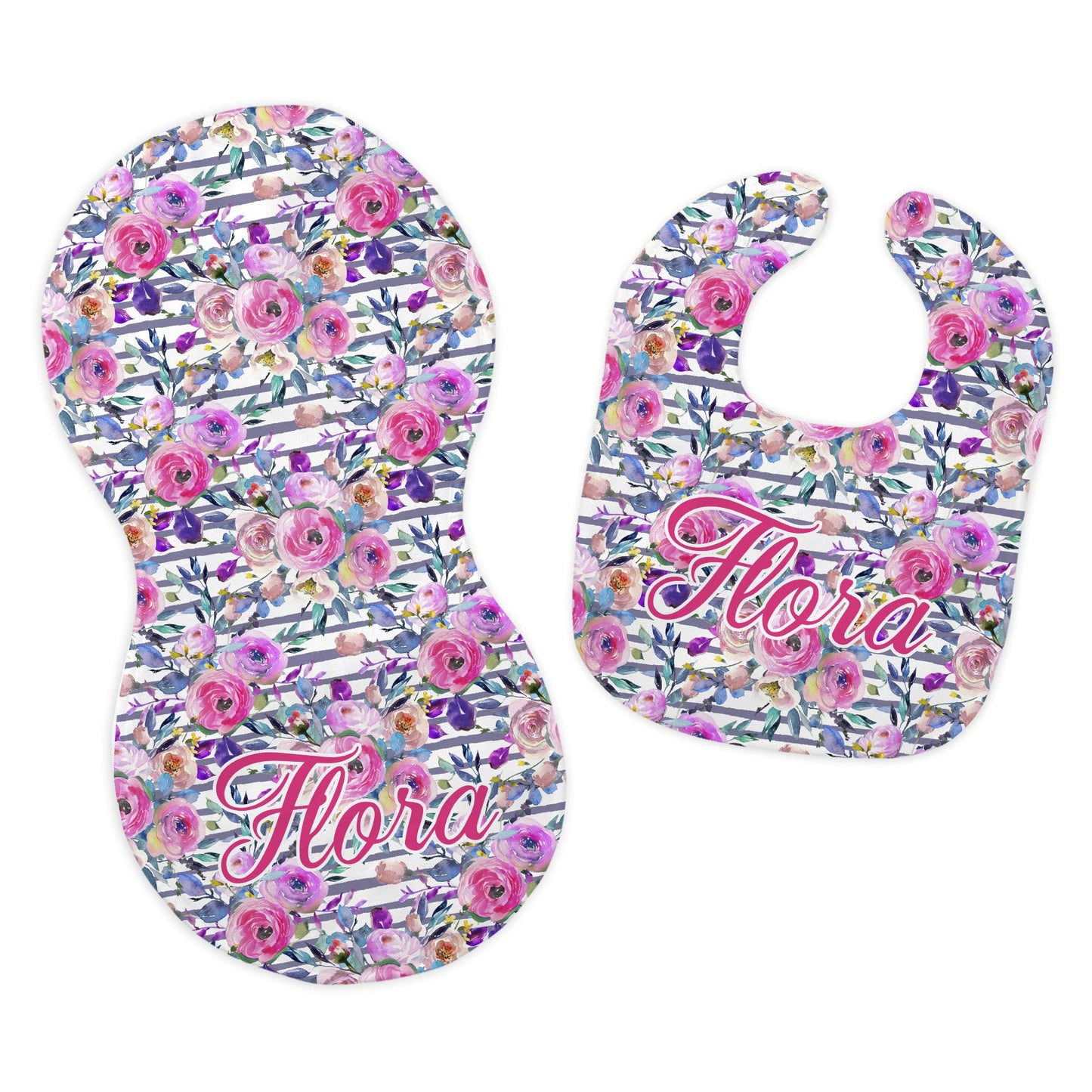 Baby Girl's Personalized Printed Custom Name Purple and Hot Pink Floral Bib and Burp Cloth Set